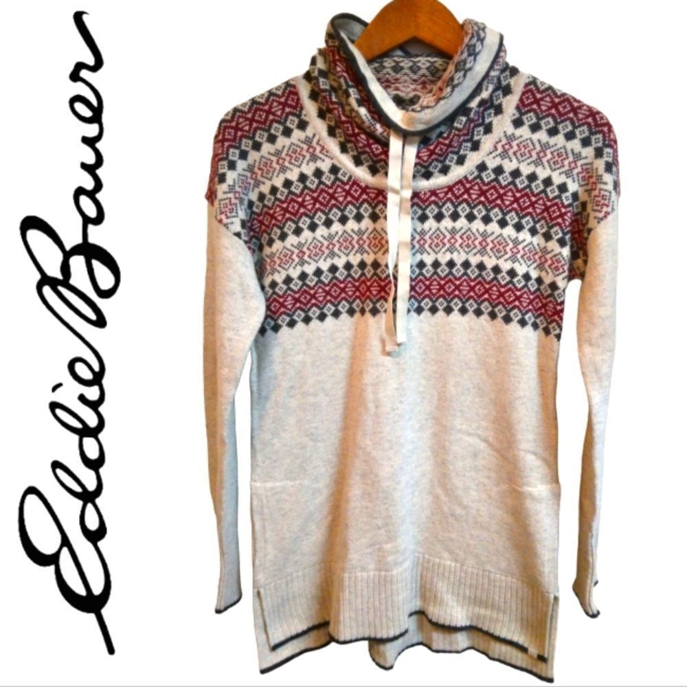 EDDIE BAUER WOOL KNIT ROLL NECK COWL NECK TURTLENECK FAIR ISLE UGLY SWEATER